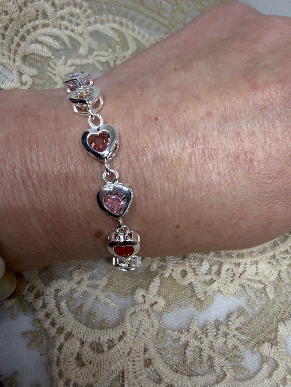 925 Sterling Silver Multi Gemstone Heart Link Bracelet Rainbow Hearts Romantic